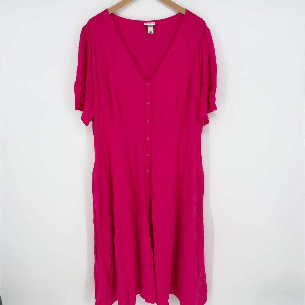 Ava & Viv Bright Pink V Neck Button Front Dress Size 2X Preowned